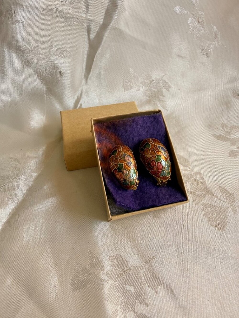 Vintage Cloisonné Gold-Tone Floral Clip-On Earrings - Multicolor Enamel